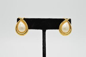 FO Vintage Earrings Clip Pearl Teardrop Gold Fernando Original Signed NOS 80s 9L